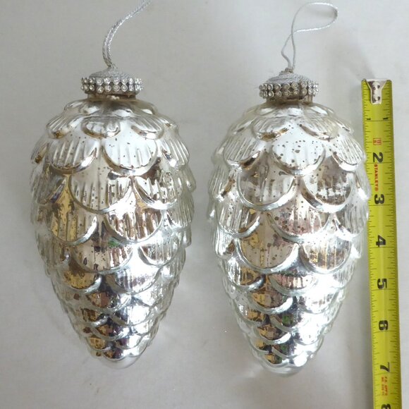 NEW 6.5” CHRISTMAS GERMAN KUGEL STYLE SILVER PINECONE GLASS ORNAMENT SET - Picture 2 of 6